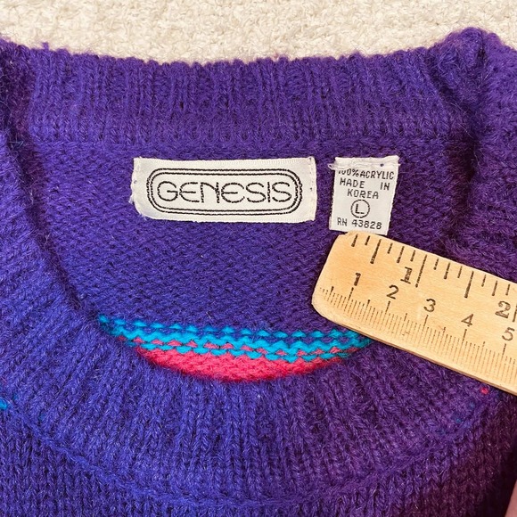 Vintage 80s Genesis Striped Knit Sweater Purple Blue Pink Crewneck Retro - Picture 3 of 6